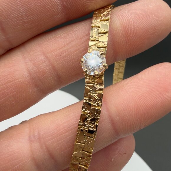 Vintage Gold Tone Textured Nugget Link Necklace Bracelet Set Crystal Accent - Picture 12 of 12